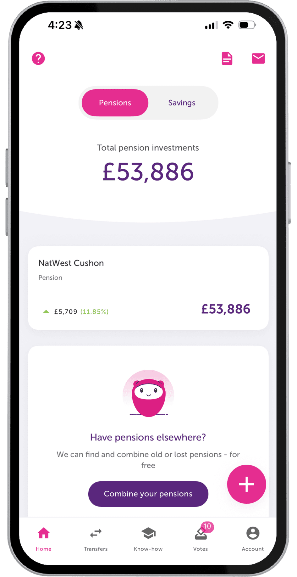 NatWest Cushon app mockup showing home screen for a pension member
